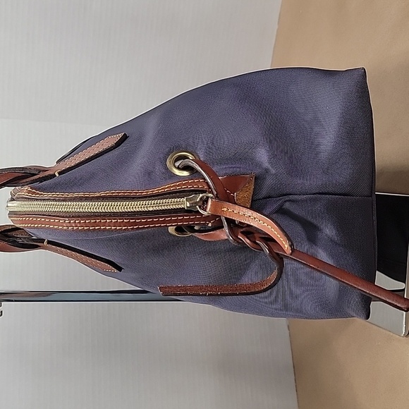 Dooney & Bourke Navy Blue Nylon Domed Satchel, Brown Leather Braided Handles - Picture 4 of 16